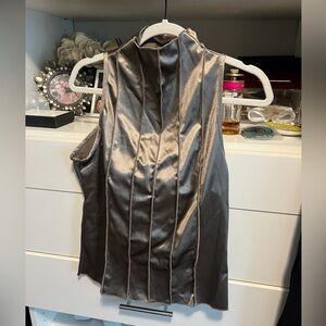 Satin High-Neck Sleeveless Top in Shimmery Charcoal